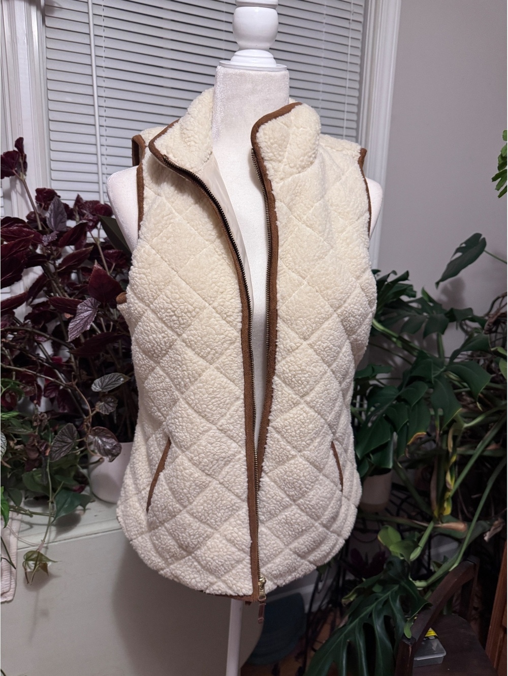 Cream teddy vest with brown trim